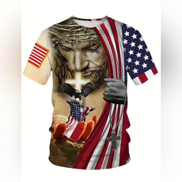 NWOT Mens Realistic Patriotic American Flag Eagle Under God Short Sleeve T-Shirt - Picture 1 of 10